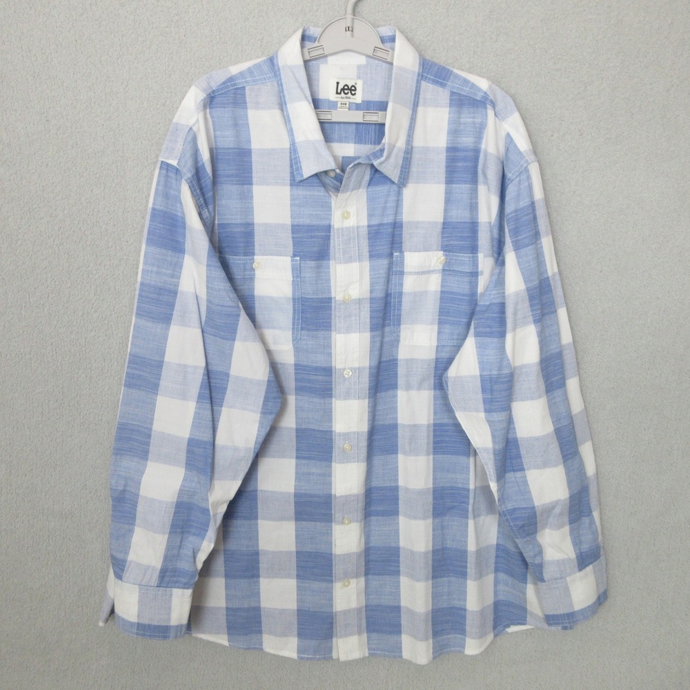 Lee Premium 4XB Mens Blue White Plaid Long Sleeve Button Up Shirt